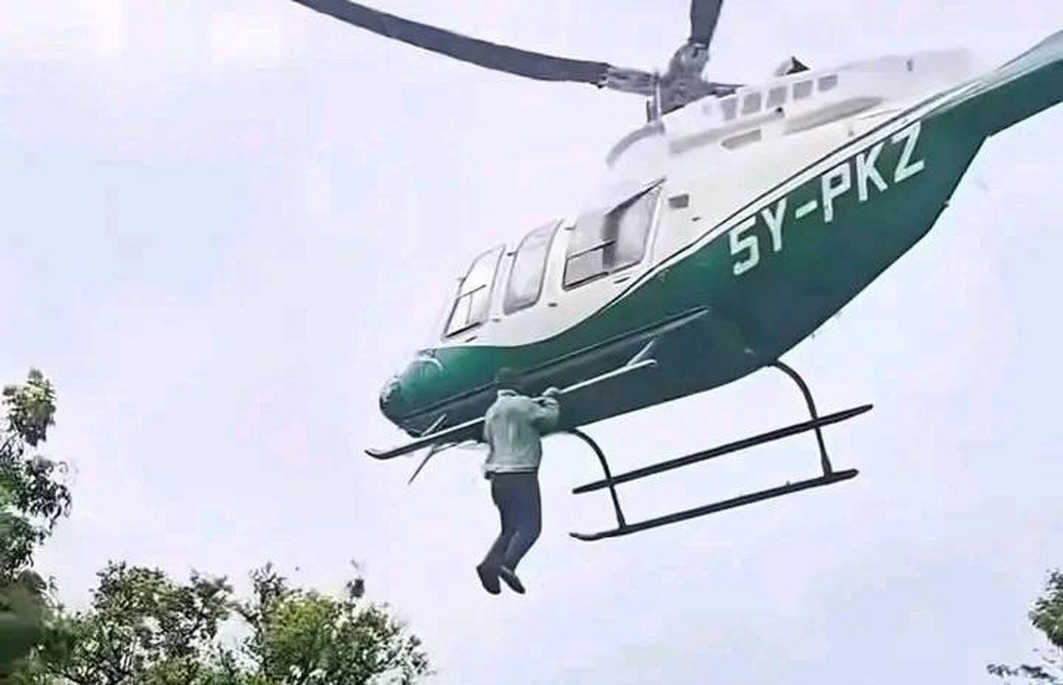 فیلم| خودنمایی خطرناک در مراسم عروسی؛ بازداشت مرد آویزان از هلیکوپتر